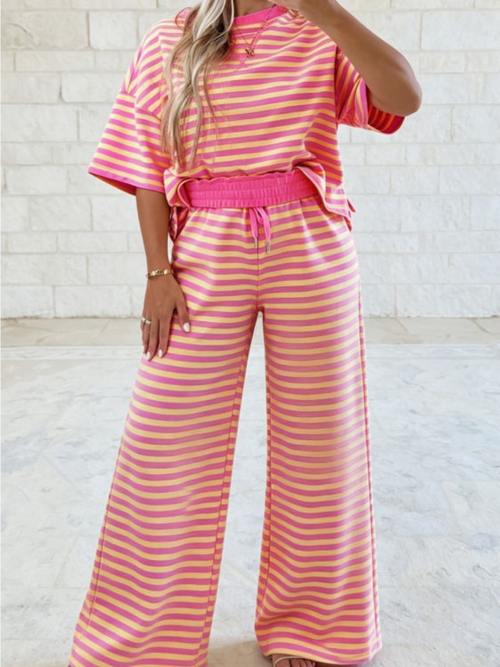 Striped Pink & Yellow Shirt & Wide-Leg  Pants Set